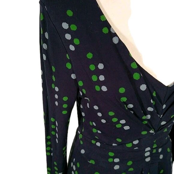 BODEN V Neck Slim Fit Ruched Front Long Sleeve Knee Length Navy Blue W/Dots 8 M - Picture 4 of 8
